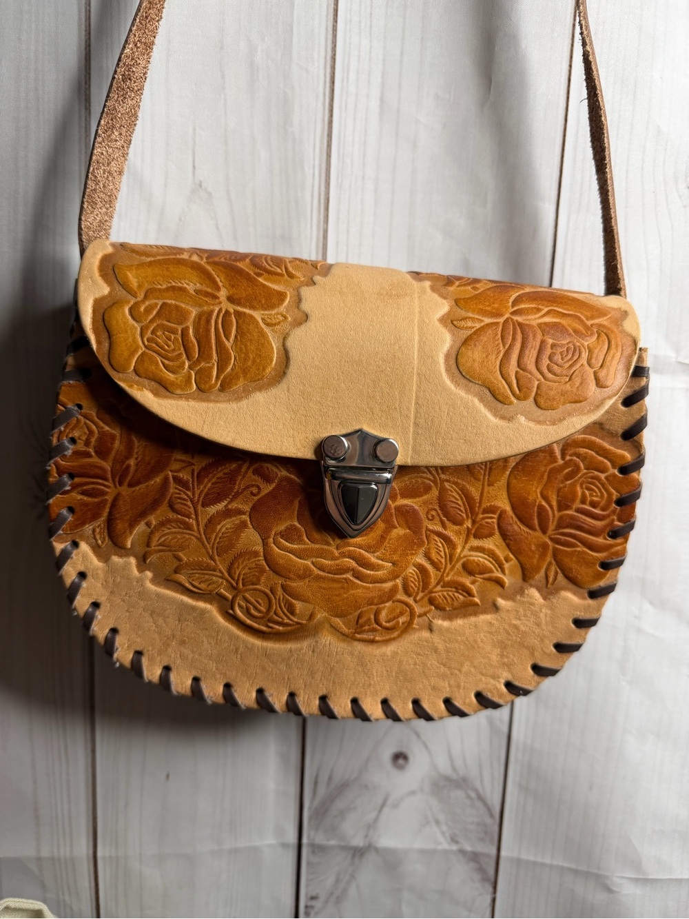 Mexican Hand made Floral Leather embossed Crossbody Bag in Tan